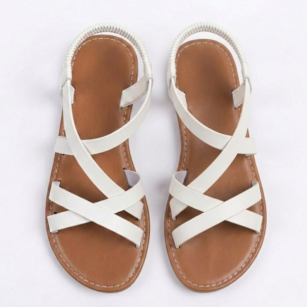 Flat Sandals with Crisscross Straps and Ankle Buckle for Women — White