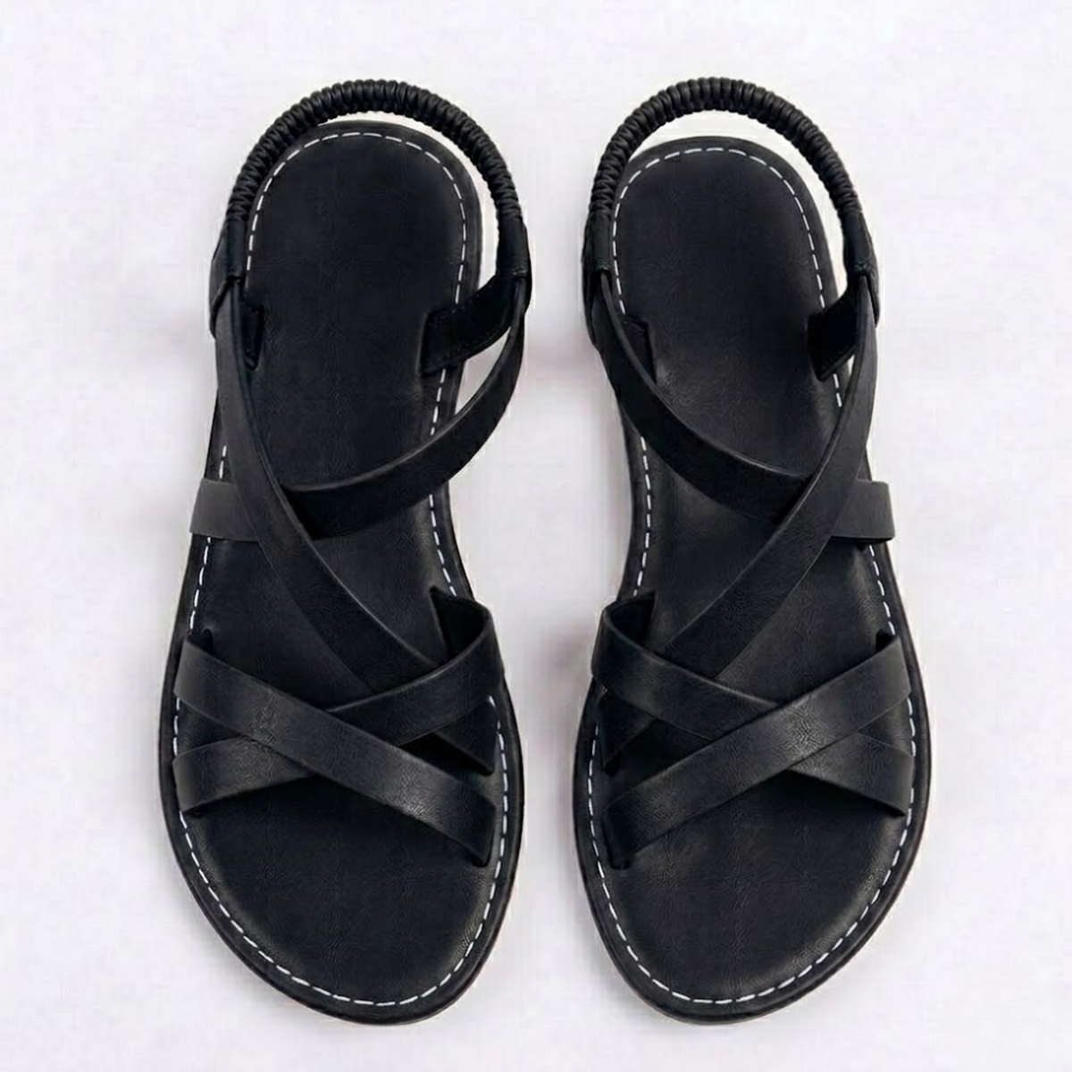 Flat Sandals with Crisscross Straps and Ankle Buckle for Women — Black