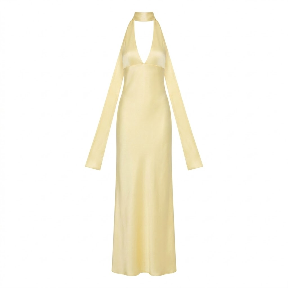Long Evening Dress with Deep V-Neck and Open Back for Women