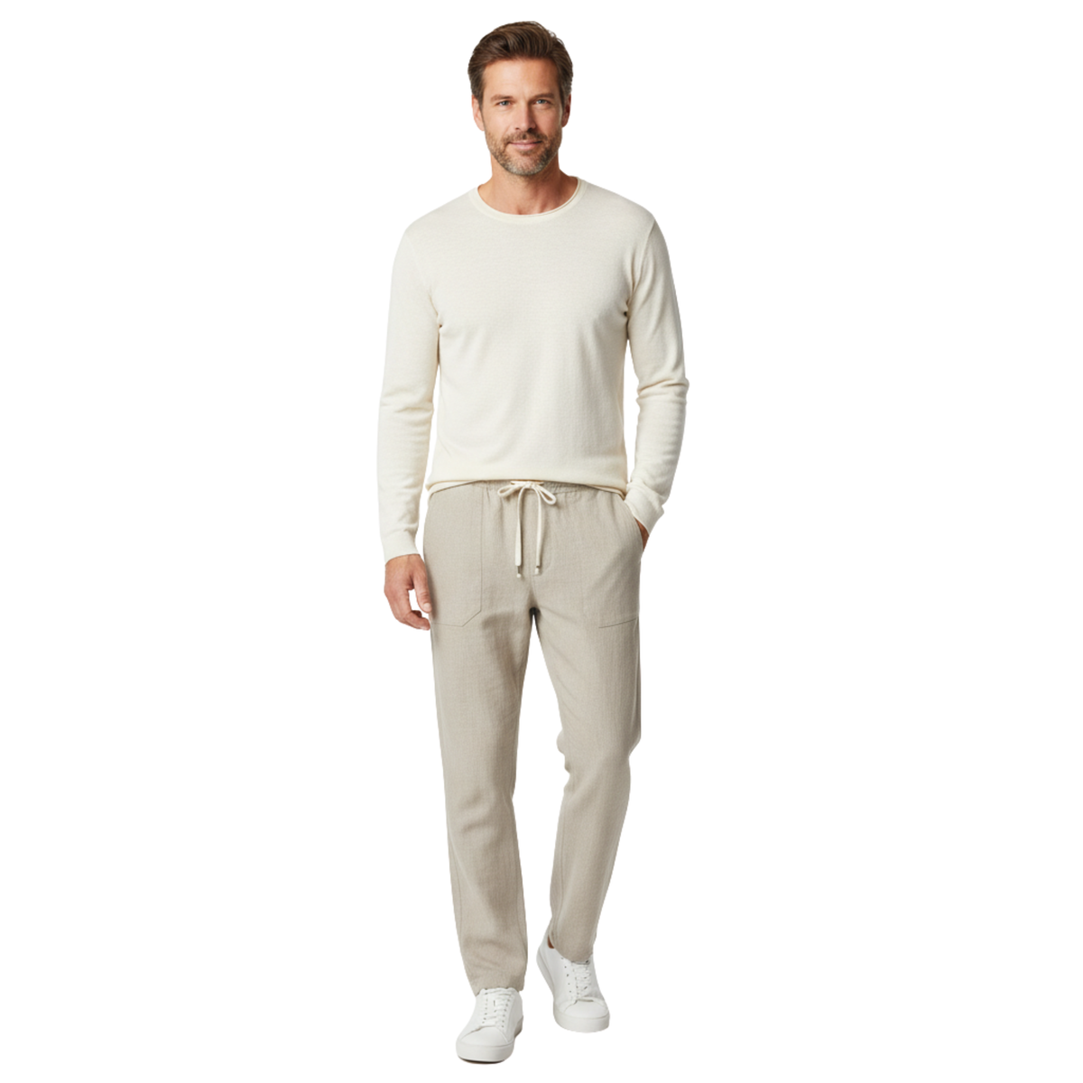 Men's Pants with Elastic Waist and Straight Cut — Beige