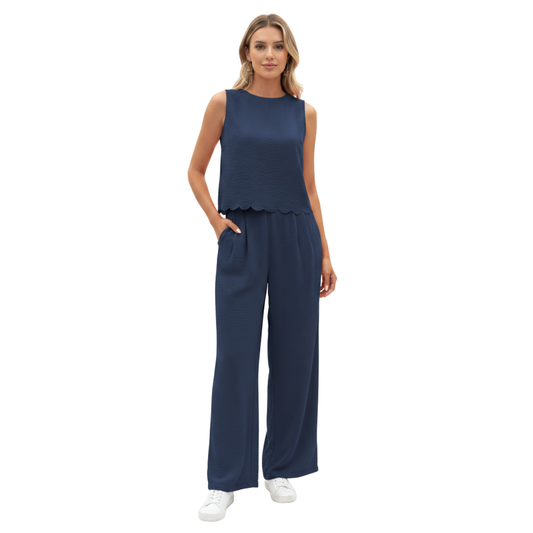 Women's Set – Scalloped Sleeveless Top and Wide Ankle-Length Pants — Navy Blue