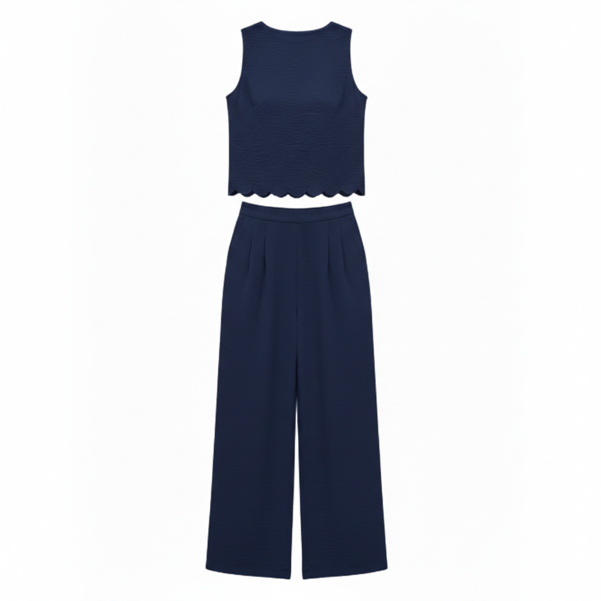 Women's Set – Scalloped Sleeveless Top and Wide Ankle-Length Pants — Navy Blue