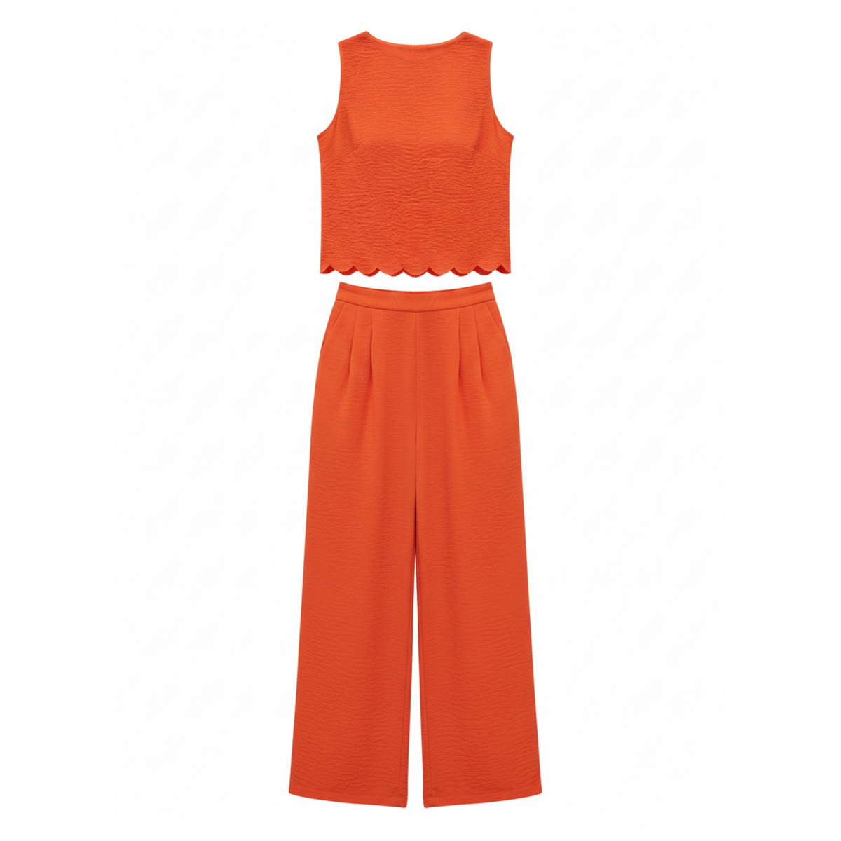 Women's Set – Scalloped Sleeveless Top and Wide Ankle-Length Pants — Orange