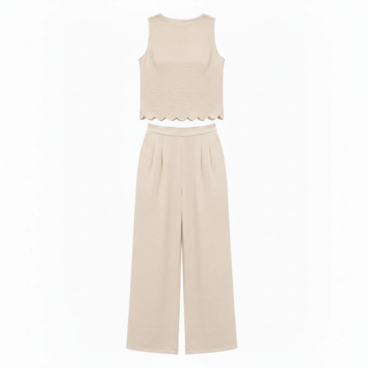 Women's Set – Scalloped Sleeveless Top and Wide Ankle-Length Pants — Beige