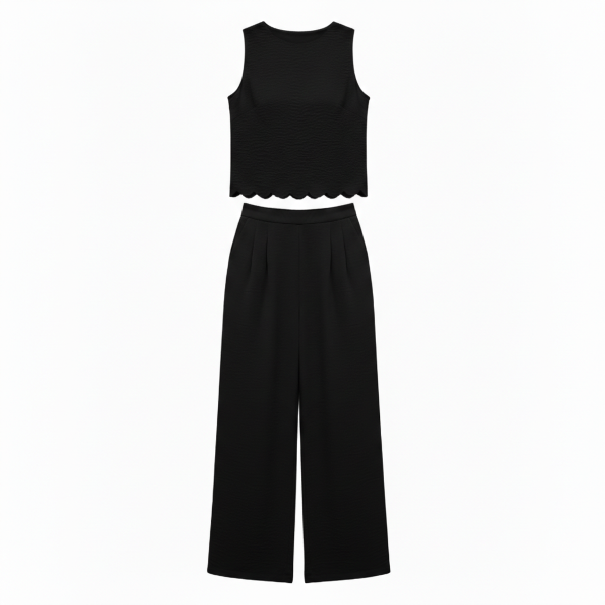 Women's Set – Scalloped Sleeveless Top and Wide Ankle-Length Pants — Black