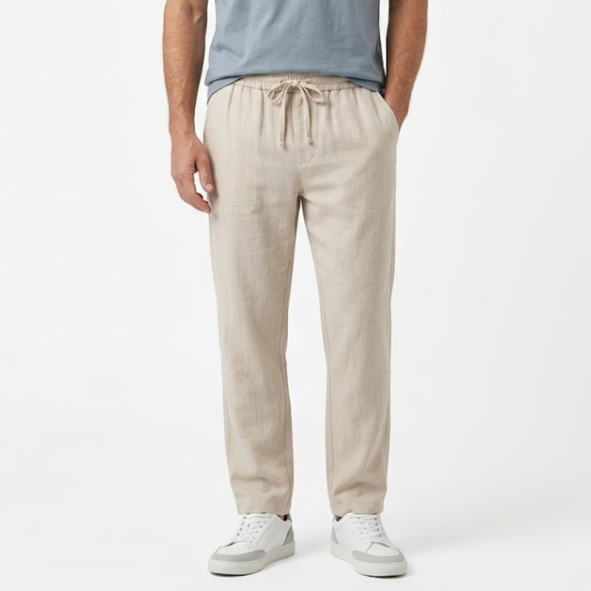 Men's Straight-Leg Pants with Elastic Waist and Drawstring — Beige