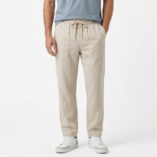 Men's Straight-Leg Pants with Elastic Waist and Drawstring — Beige