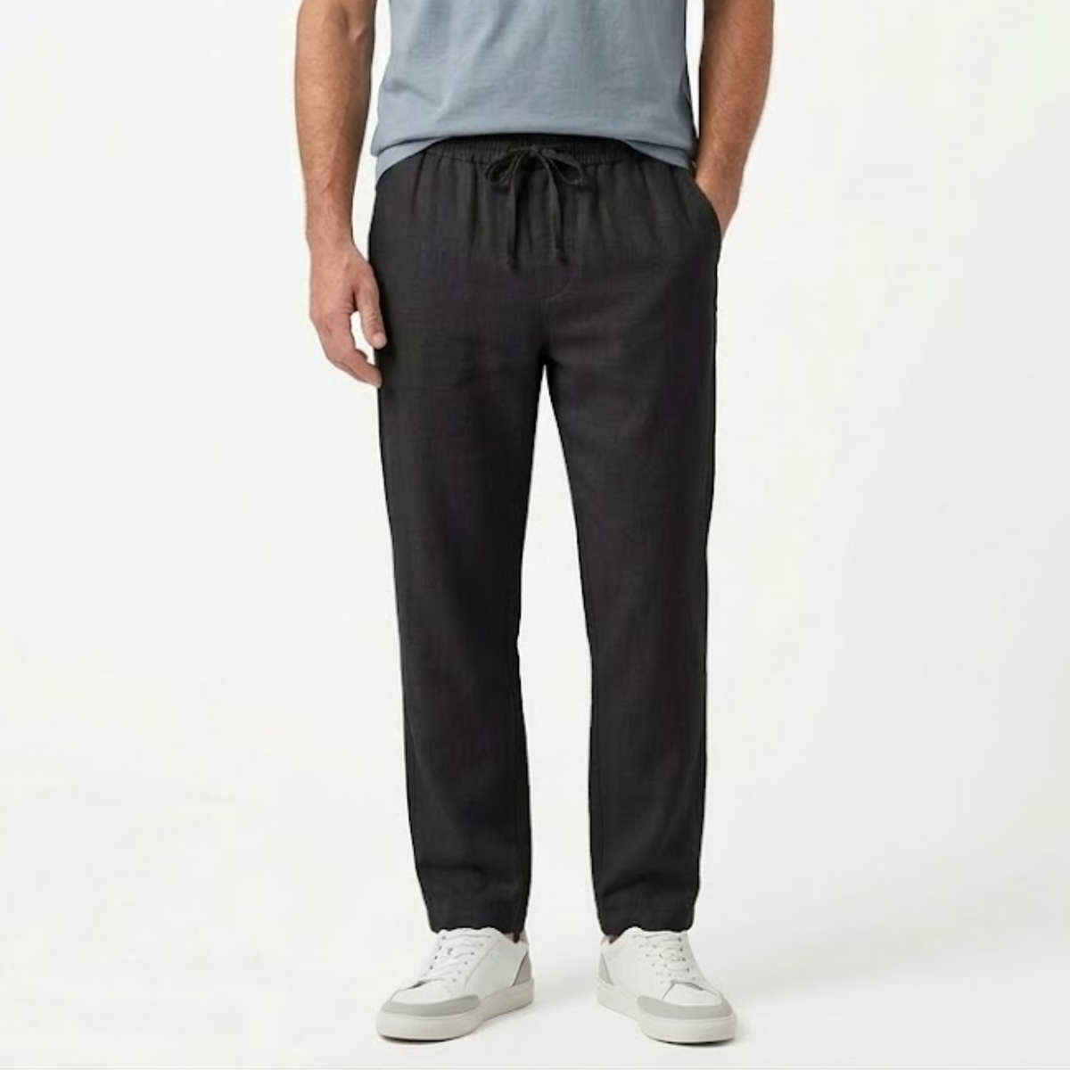 Men's Straight-Leg Pants with Elastic Waist and Drawstring — Black