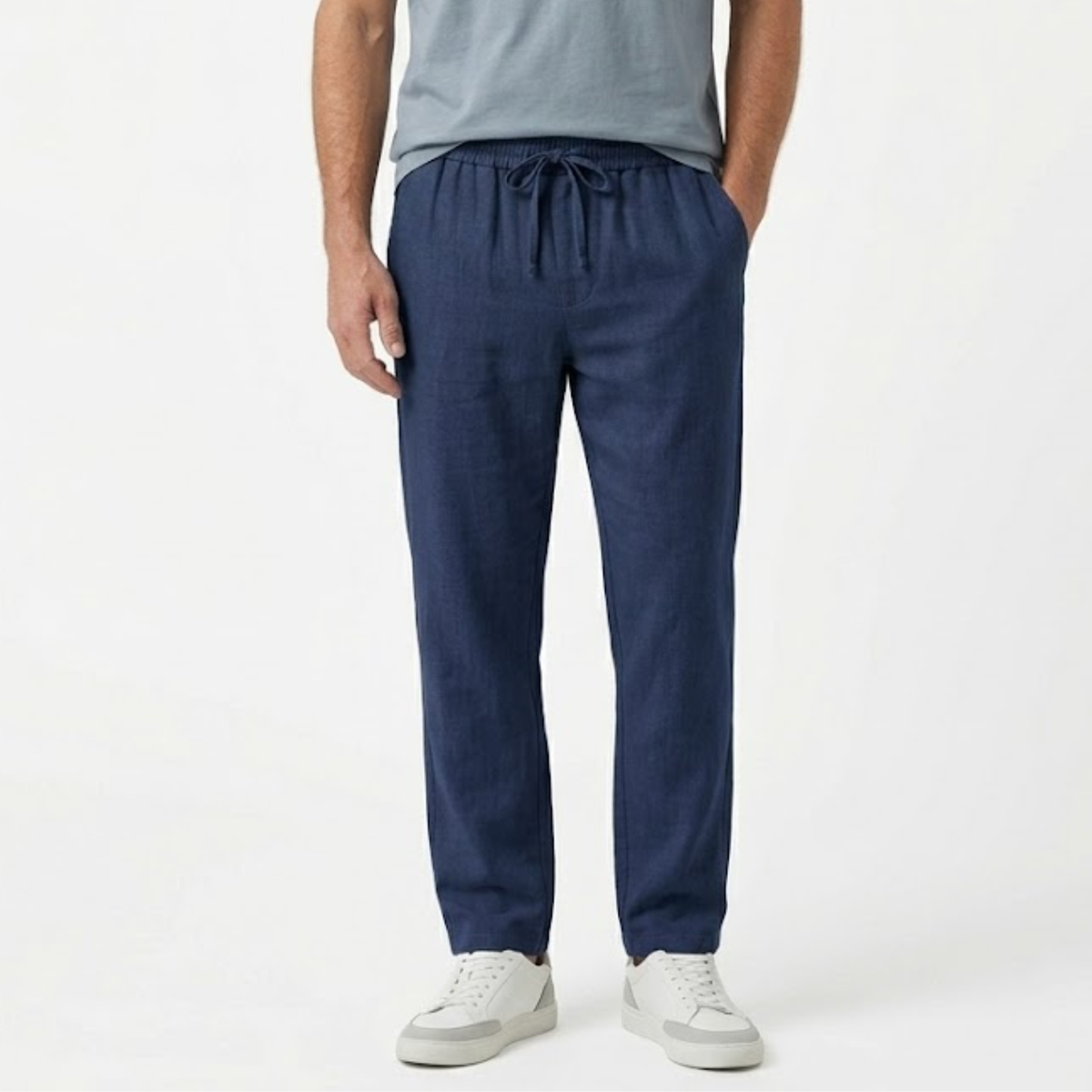 Men's Straight-Leg Pants with Elastic Waist and Drawstring — Navy Blue