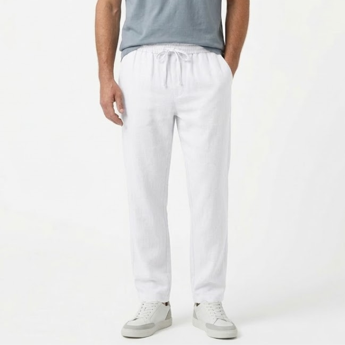 Men's Straight-Leg Pants with Elastic Waist and Drawstring — White