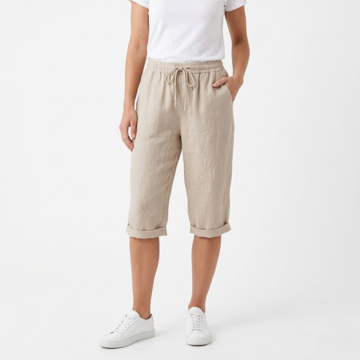 Shorts with Elastic Waist and Pockets for Women — Beige