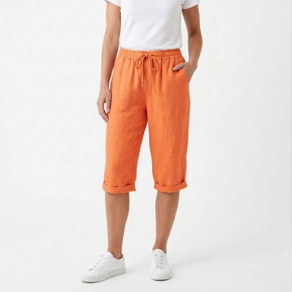 Shorts with Elastic Waist and Pockets for Women — Orange