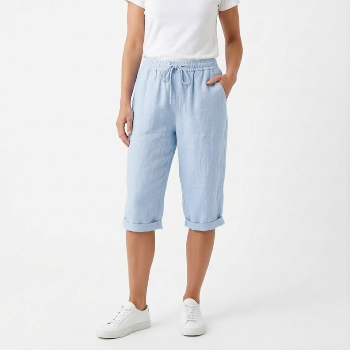 Shorts with Elastic Waist and Pockets for Women — Sky Blue