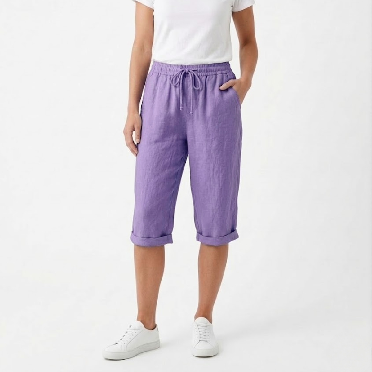 Shorts with Elastic Waist and Pockets for Women — Purple