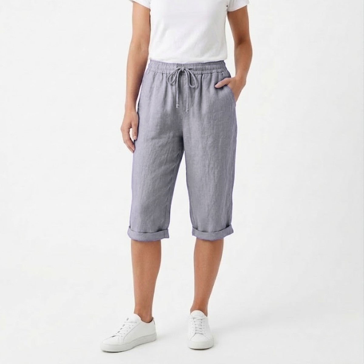 Shorts with Elastic Waist and Pockets for Women — Gray