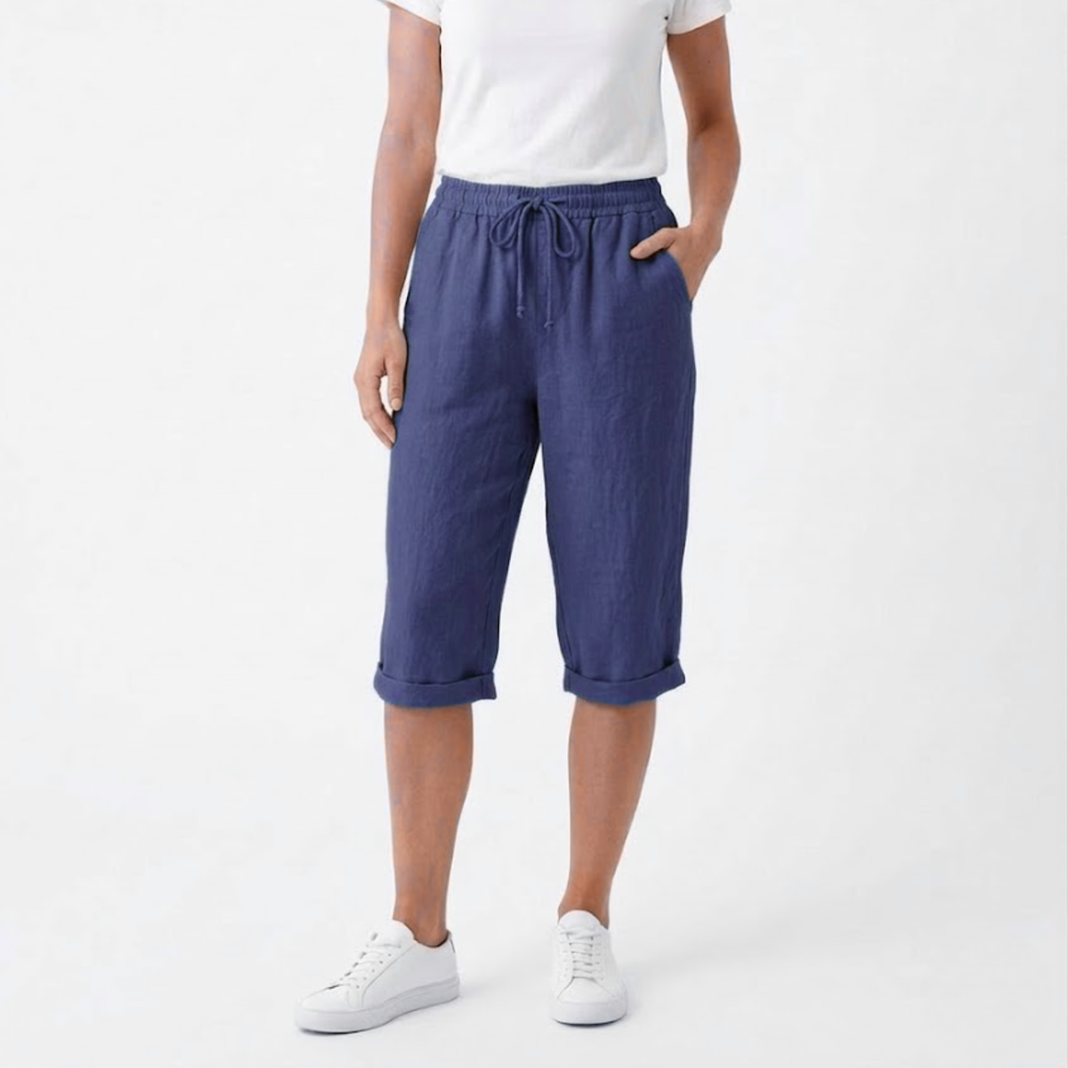 Shorts with Elastic Waist and Pockets for Women — Navy Blue