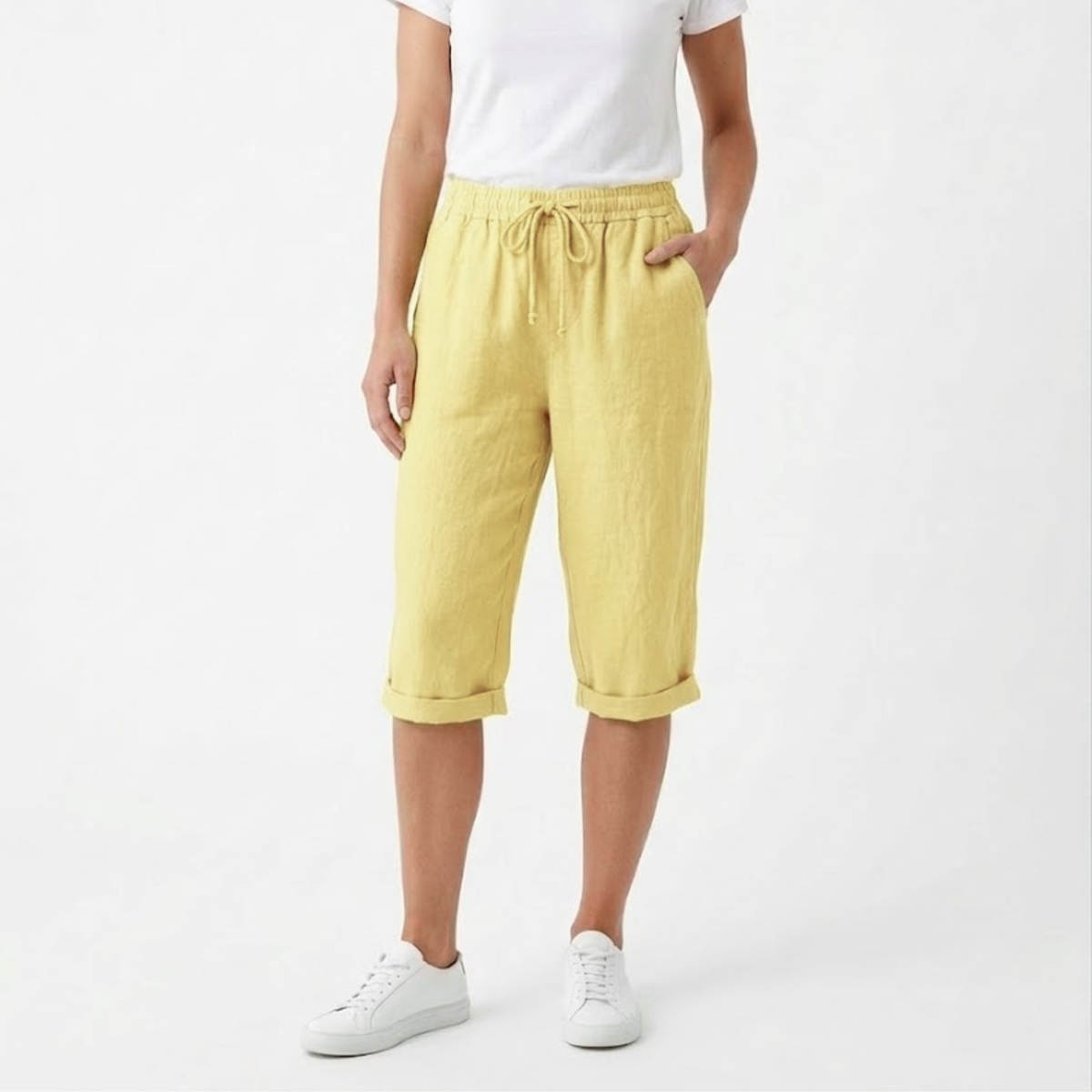 Shorts with Elastic Waist and Pockets for Women — Yellow