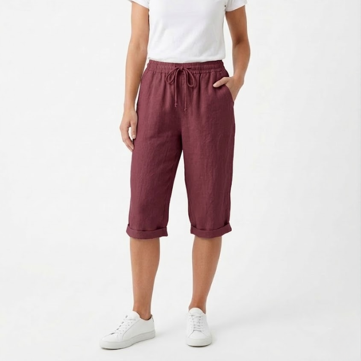 Shorts with Elastic Waist and Pockets for Women — Burgundy
