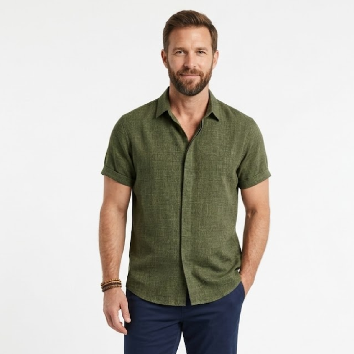 Short-Sleeve Shirt with Turn-Down Collar for Men — Army Green