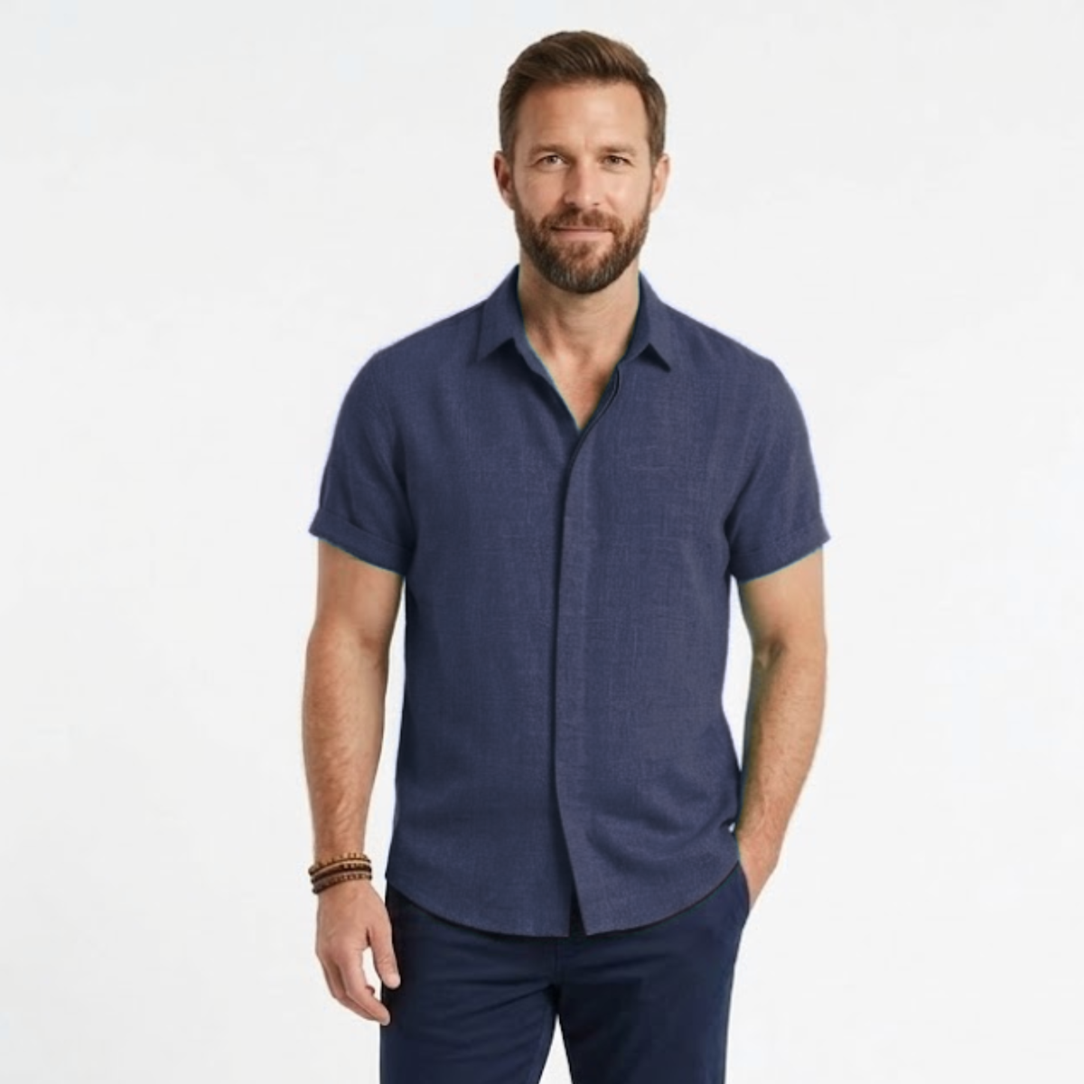 Short-Sleeve Shirt with Turn-Down Collar for Men — Navy Blue