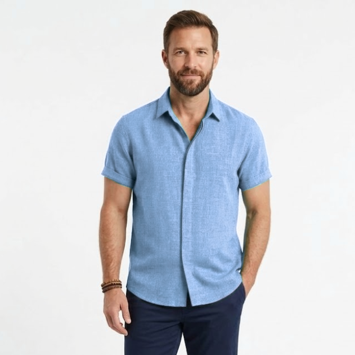 Short-Sleeve Shirt with Turn-Down Collar for Men — Light Blue