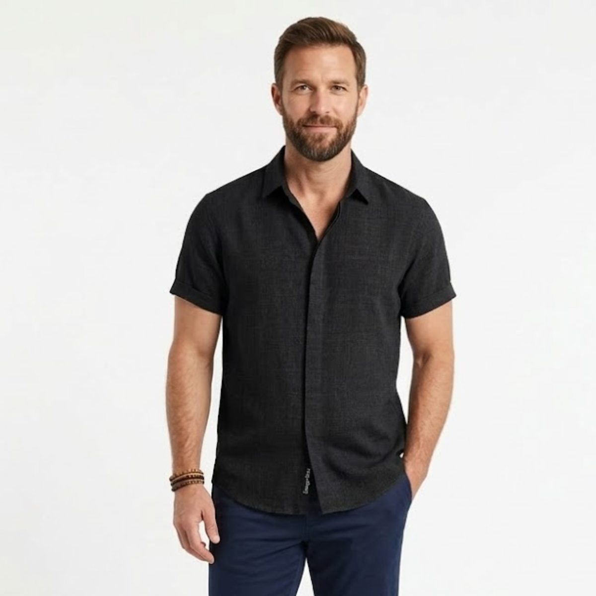 Short-Sleeve Shirt with Turn-Down Collar for Men — Black