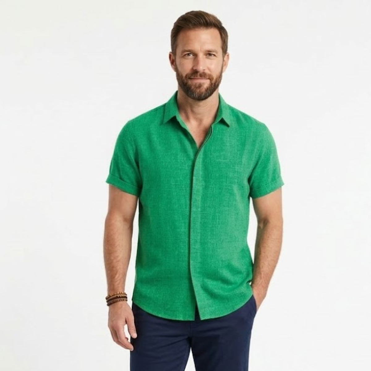 Short-Sleeve Shirt with Turn-Down Collar for Men — Green