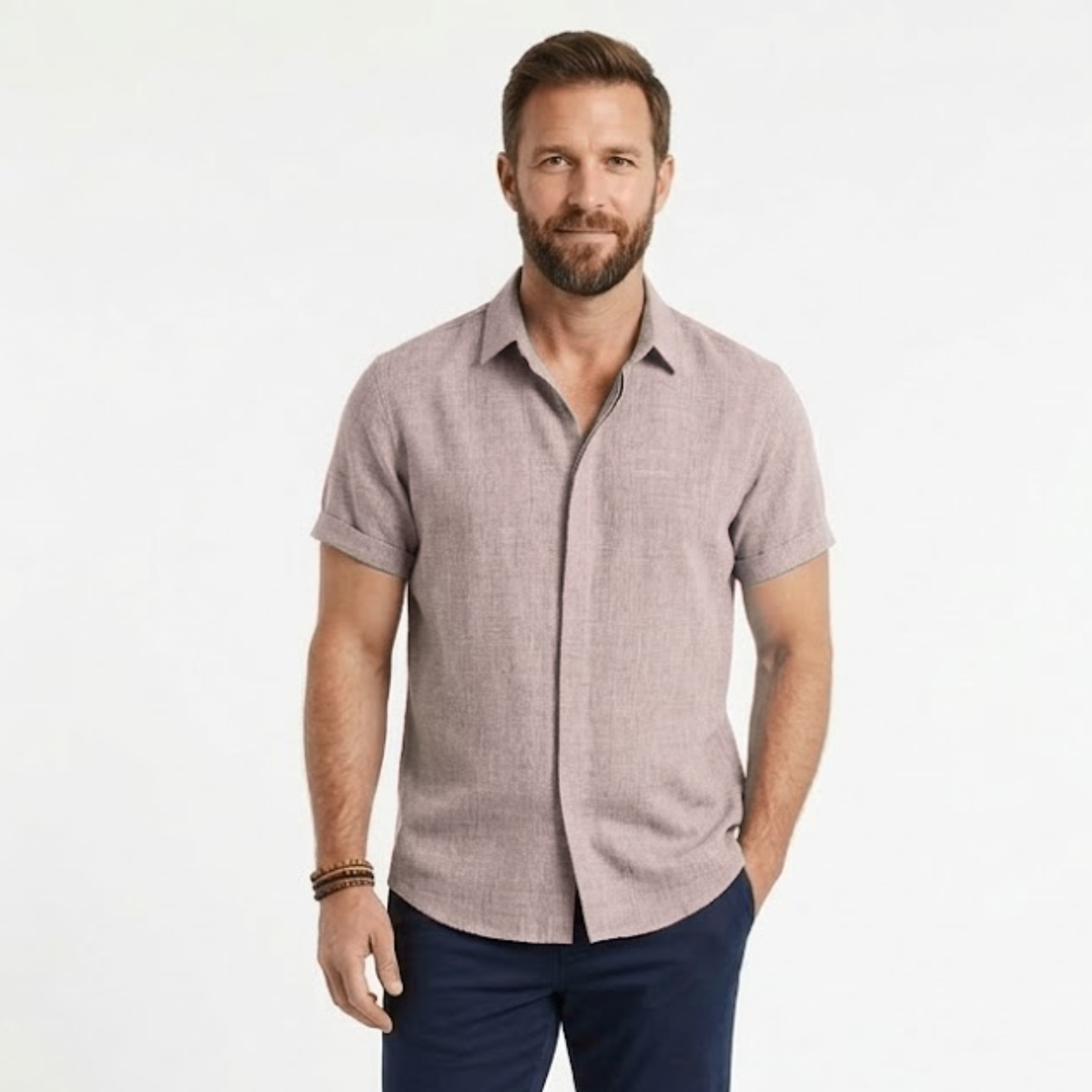Short-Sleeve Shirt with Turn-Down Collar for Men — Apricot