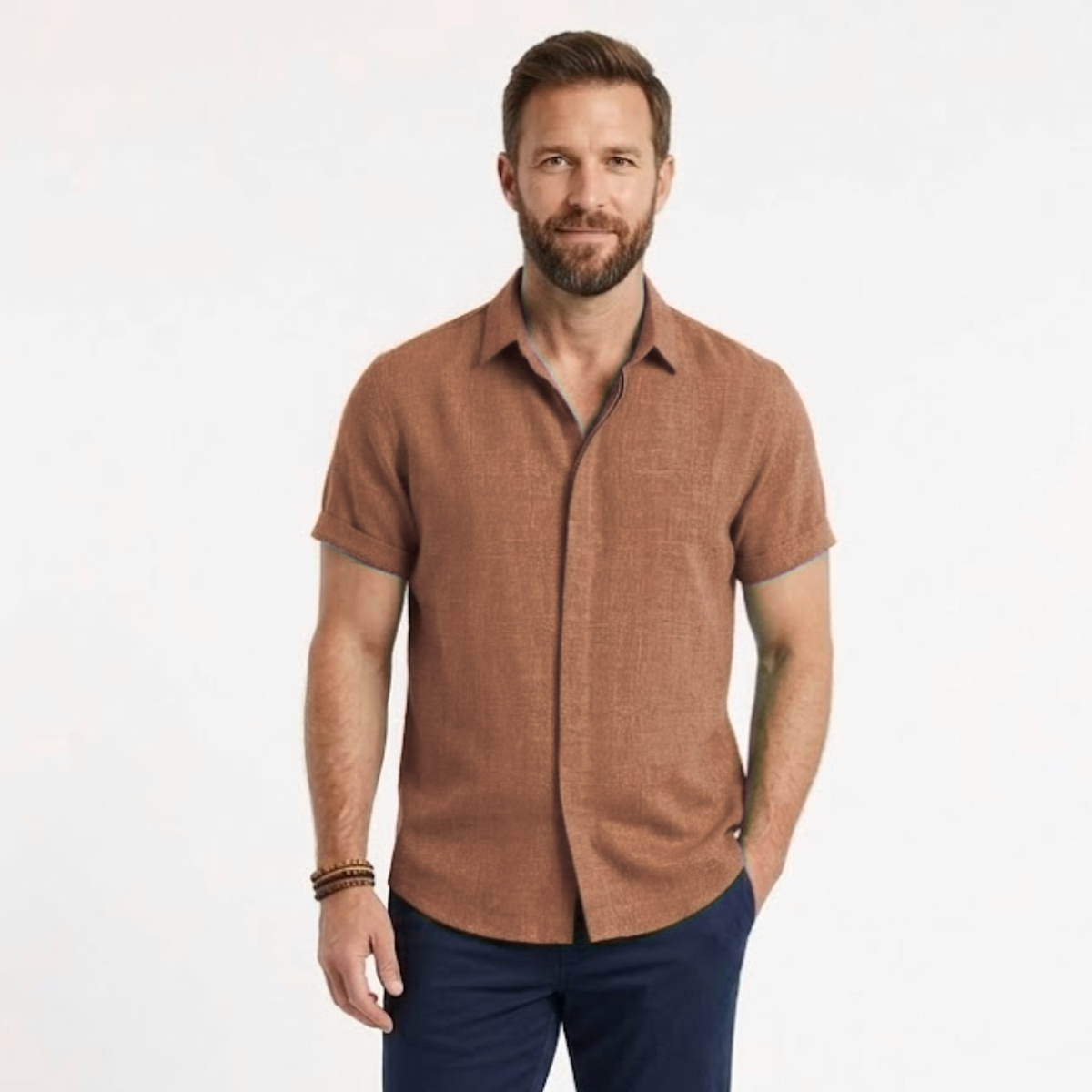 Short-Sleeve Shirt with Turn-Down Collar for Men — Brown