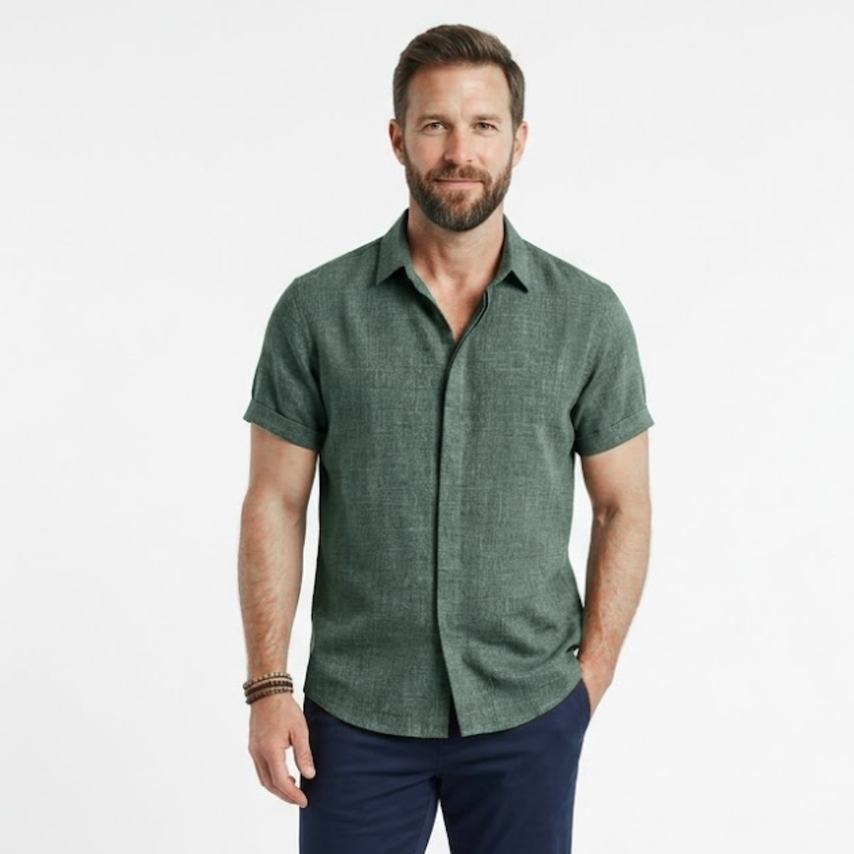 Short-Sleeve Shirt with Turn-Down Collar for Men — Dark Green