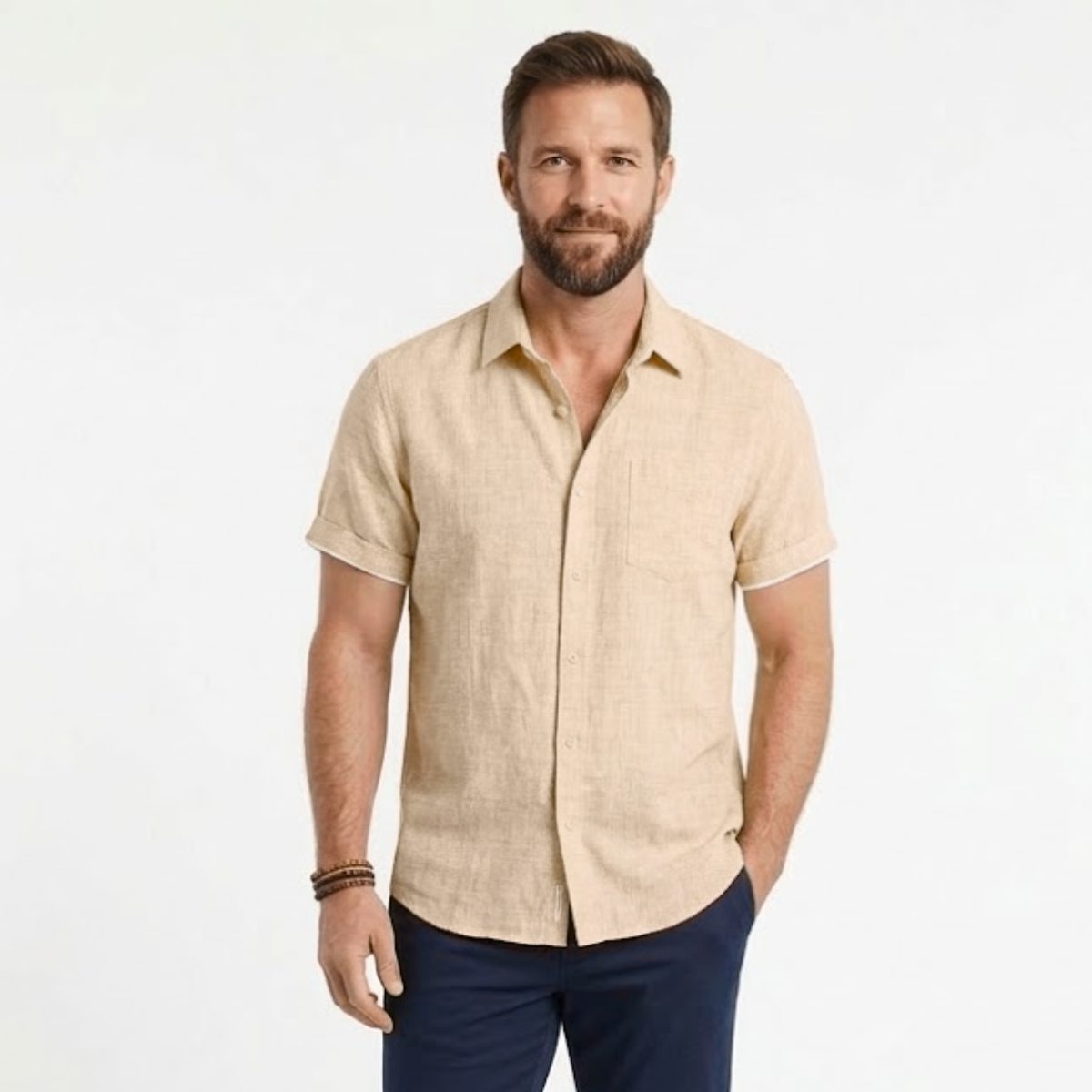 Short-Sleeve Shirt with Turn-Down Collar for Men — Beige