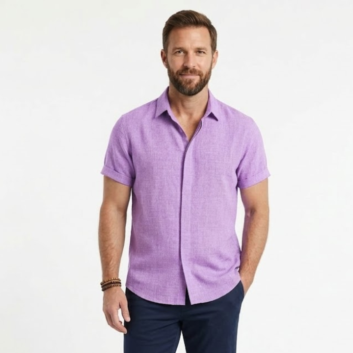 Short-Sleeve Shirt with Turn-Down Collar for Men — Purple