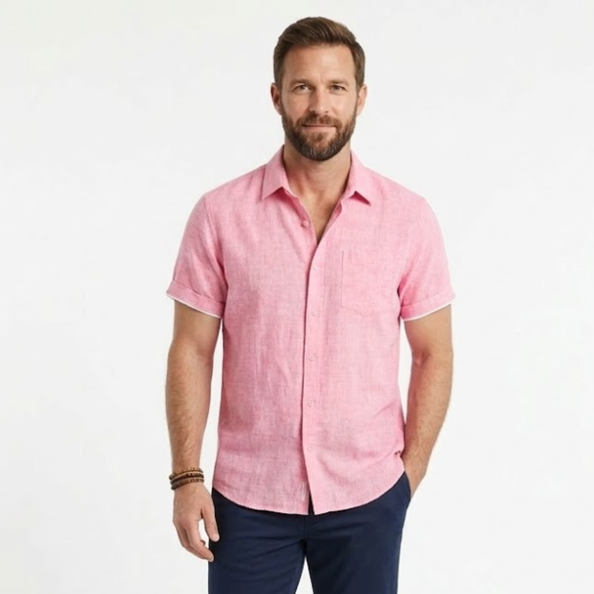 Short-Sleeve Shirt with Turn-Down Collar for Men — Pink