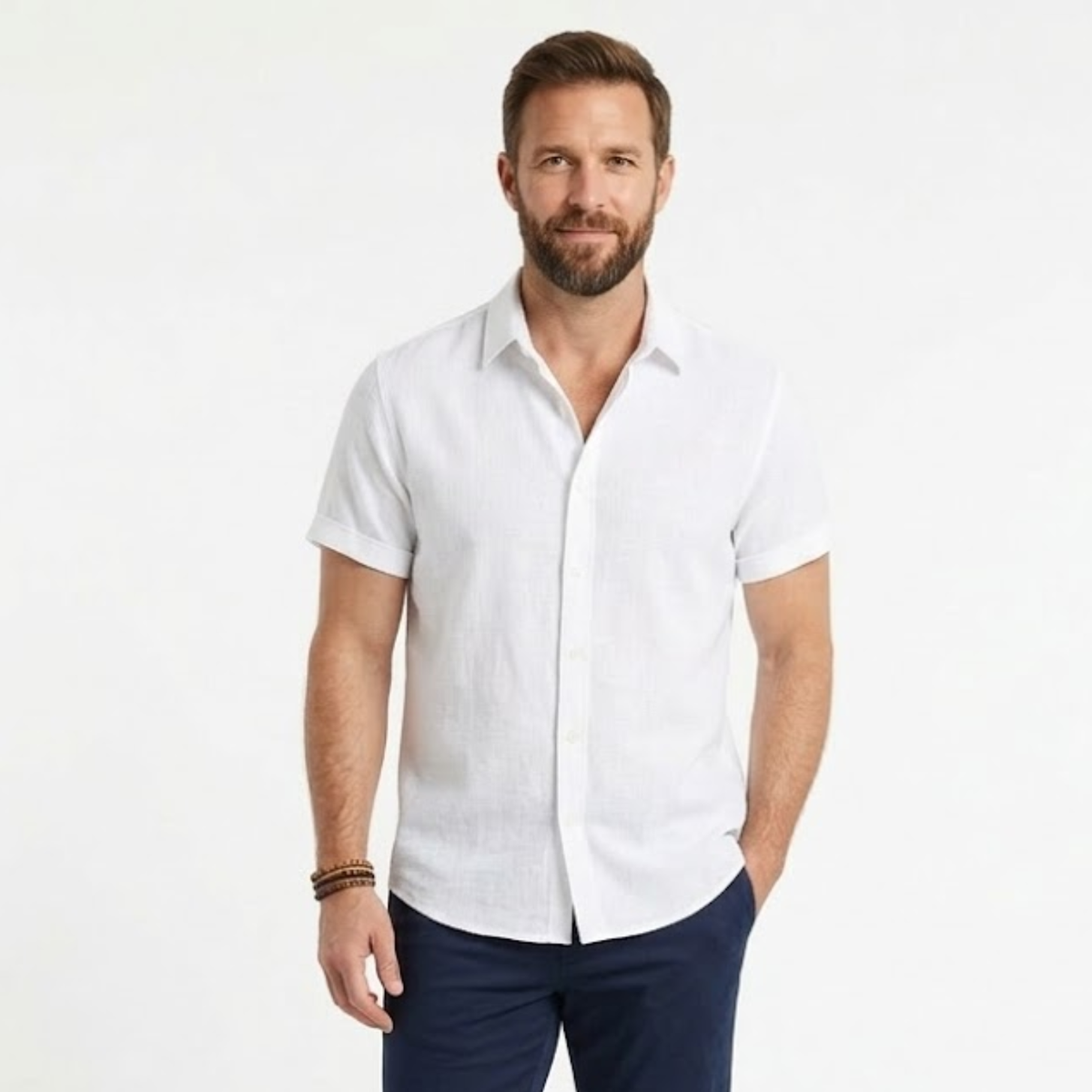 Short-Sleeve Shirt with Turn-Down Collar for Men — White