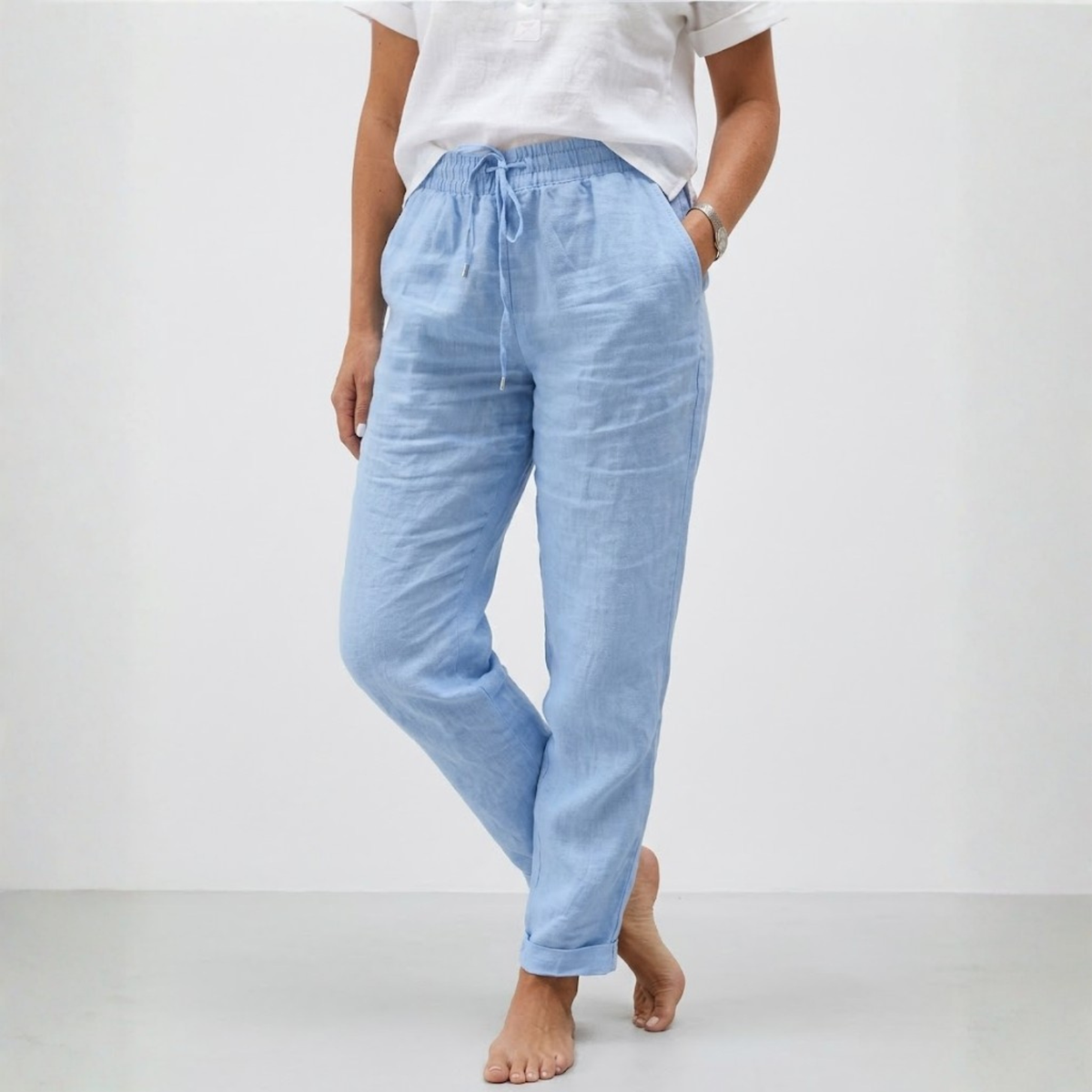 High-Waisted Elastic Pants with a Relaxed Fit for Women — Sky Blue