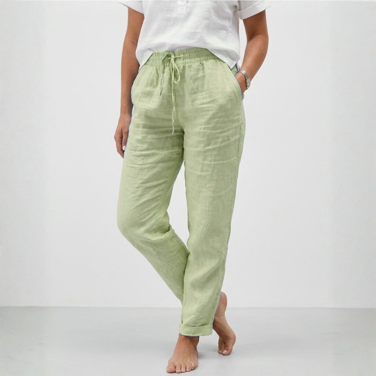 High-Waisted Elastic Pants with a Relaxed Fit for Women — Light Green