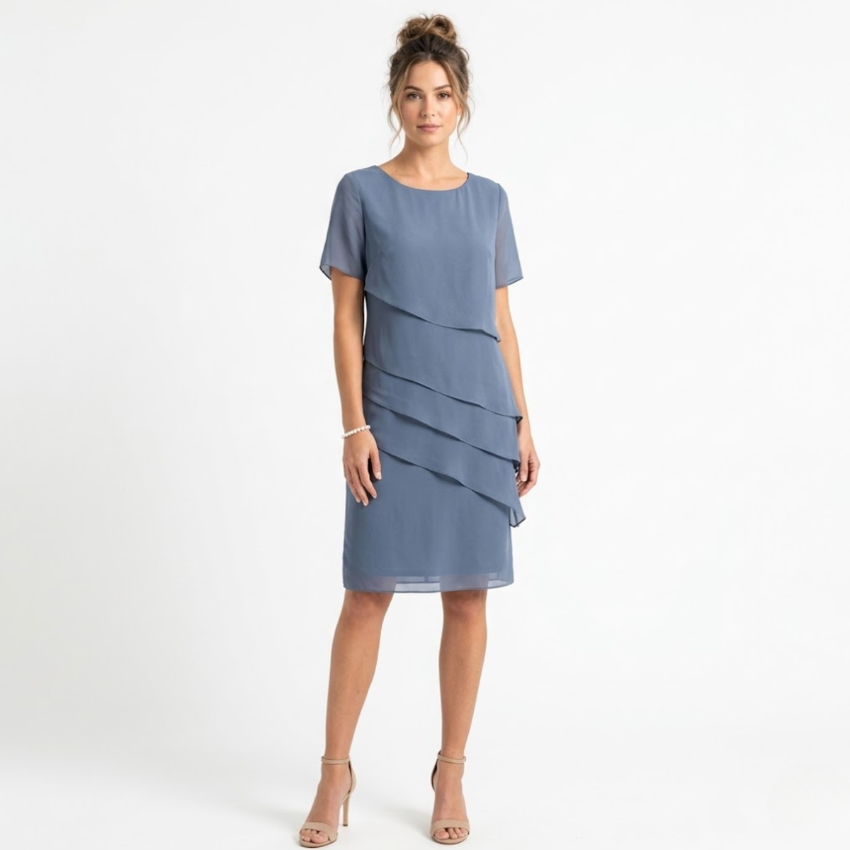 Evening Dress in Chiffon with Layered Ruffles and Round Neckline — Light Blue