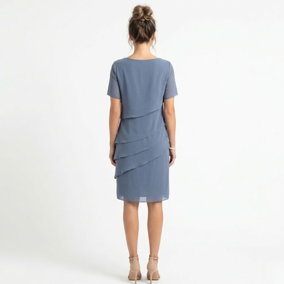 Evening Dress in Chiffon with Layered Ruffles and Round Neckline — product view