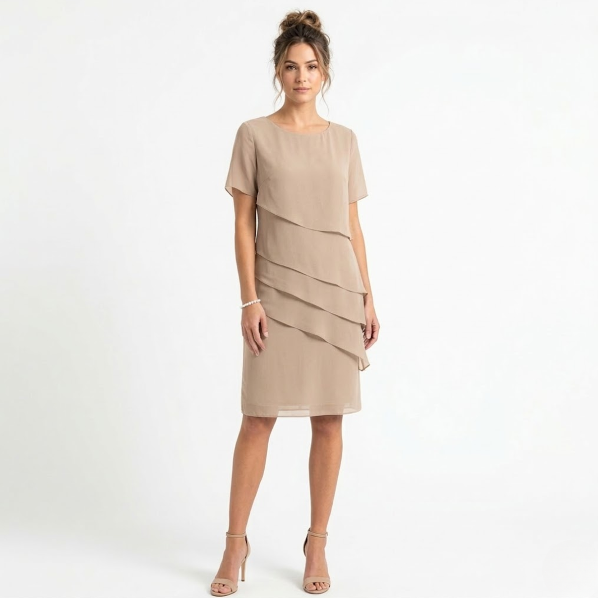 Evening Dress in Chiffon with Layered Ruffles and Round Neckline — Khaki