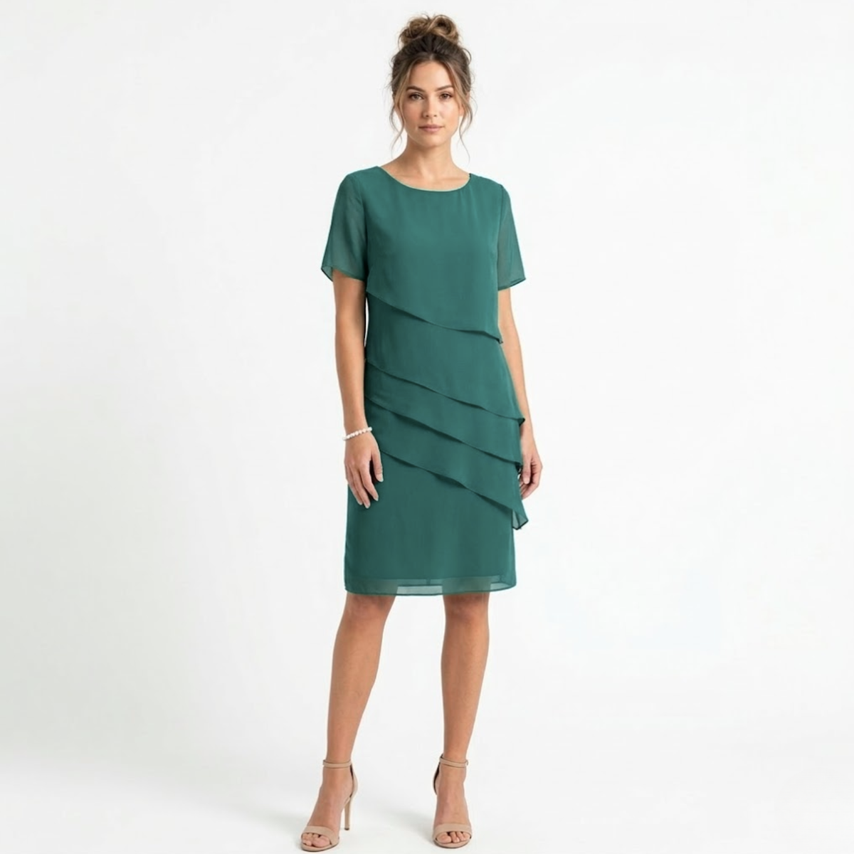 Evening Dress in Chiffon with Layered Ruffles and Round Neckline — Green