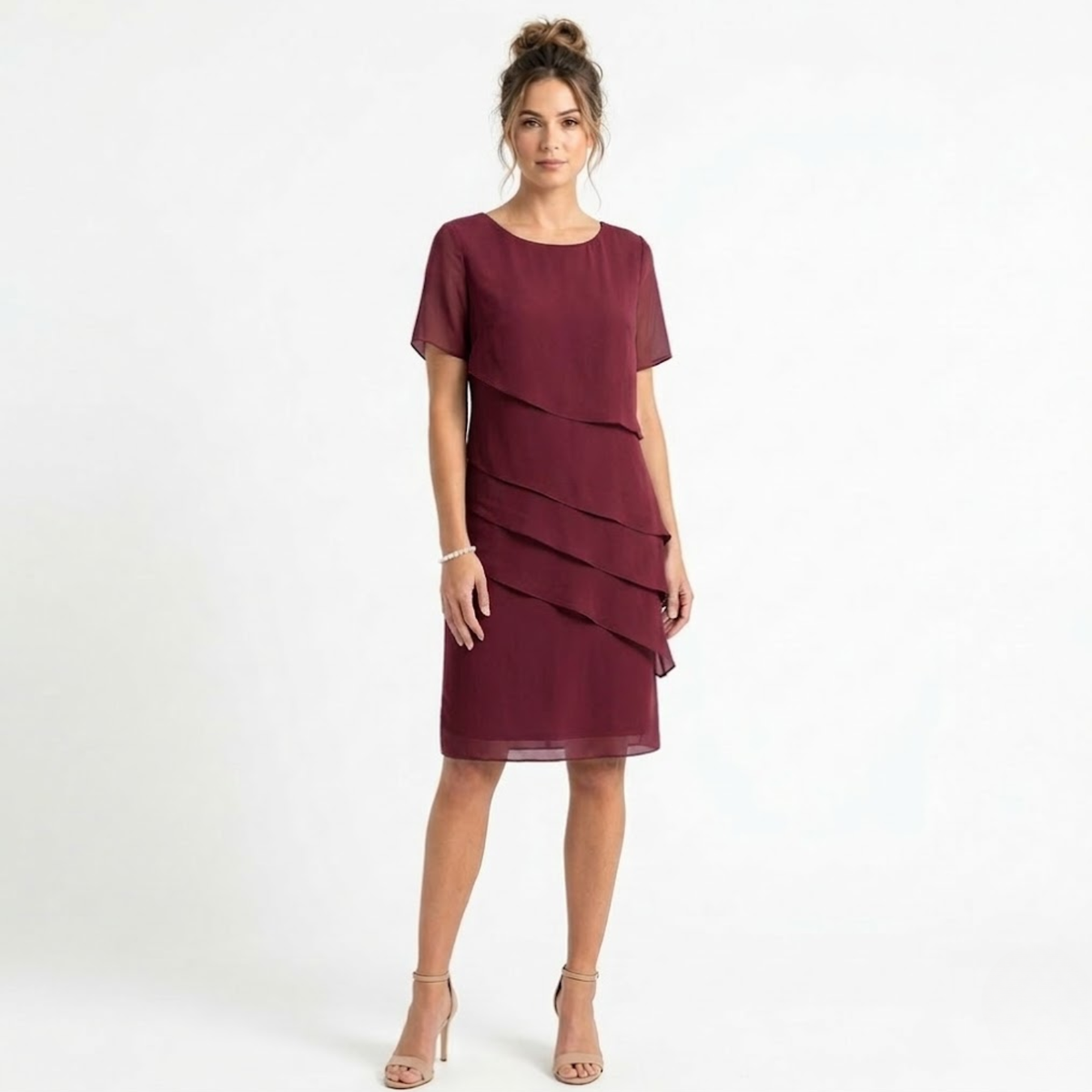 Evening Dress in Chiffon with Layered Ruffles and Round Neckline — Burgundy