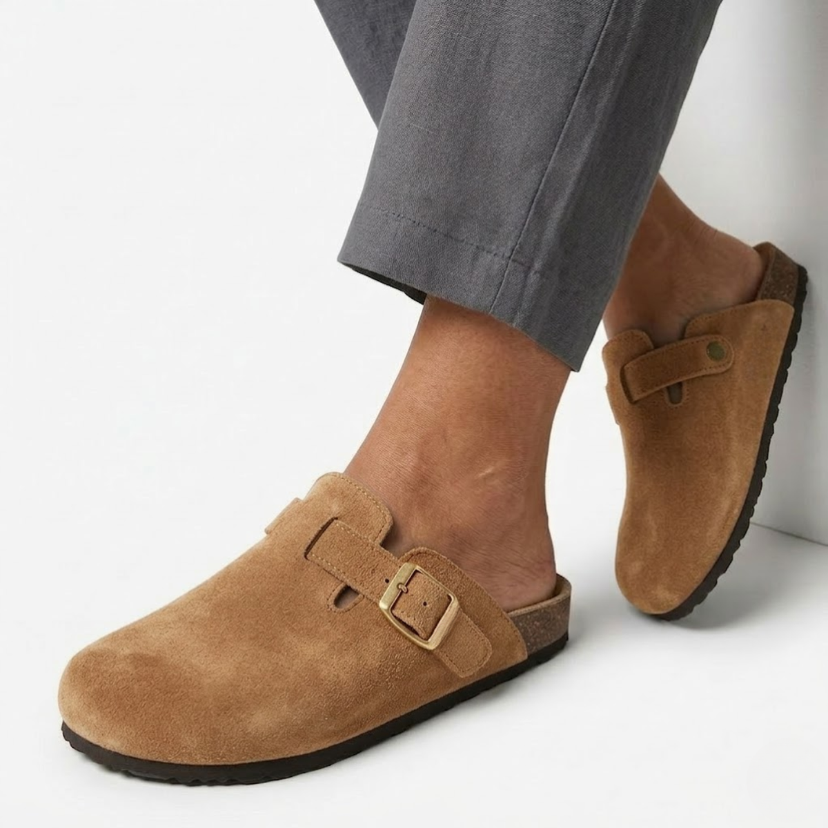 Clogs with Cork Sole and Adjustable Buckle for Women — Light Brown