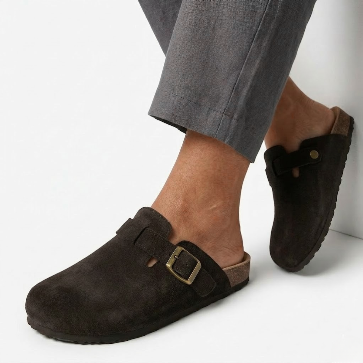 Clogs with Cork Sole and Adjustable Buckle for Women — Coffee Brown