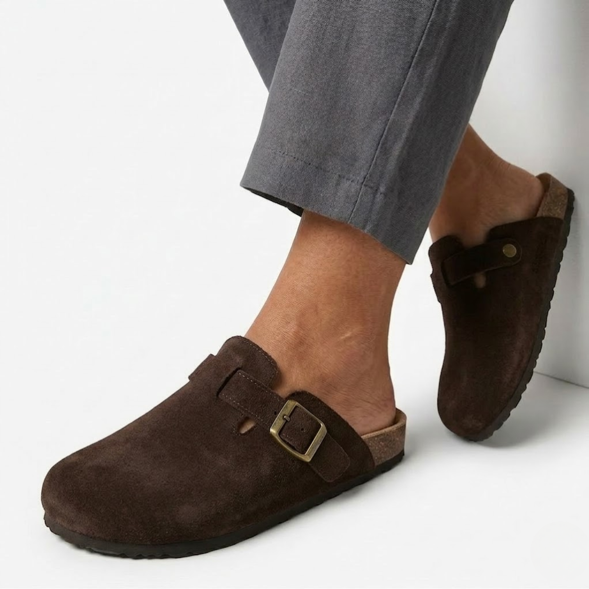 Clogs with Cork Sole and Adjustable Buckle for Women — Dark Brown