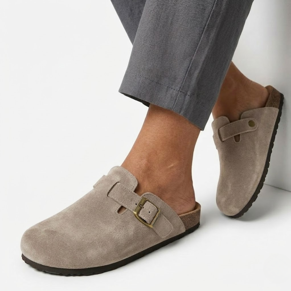 Clogs with Cork Sole and Adjustable Buckle for Women — Gray