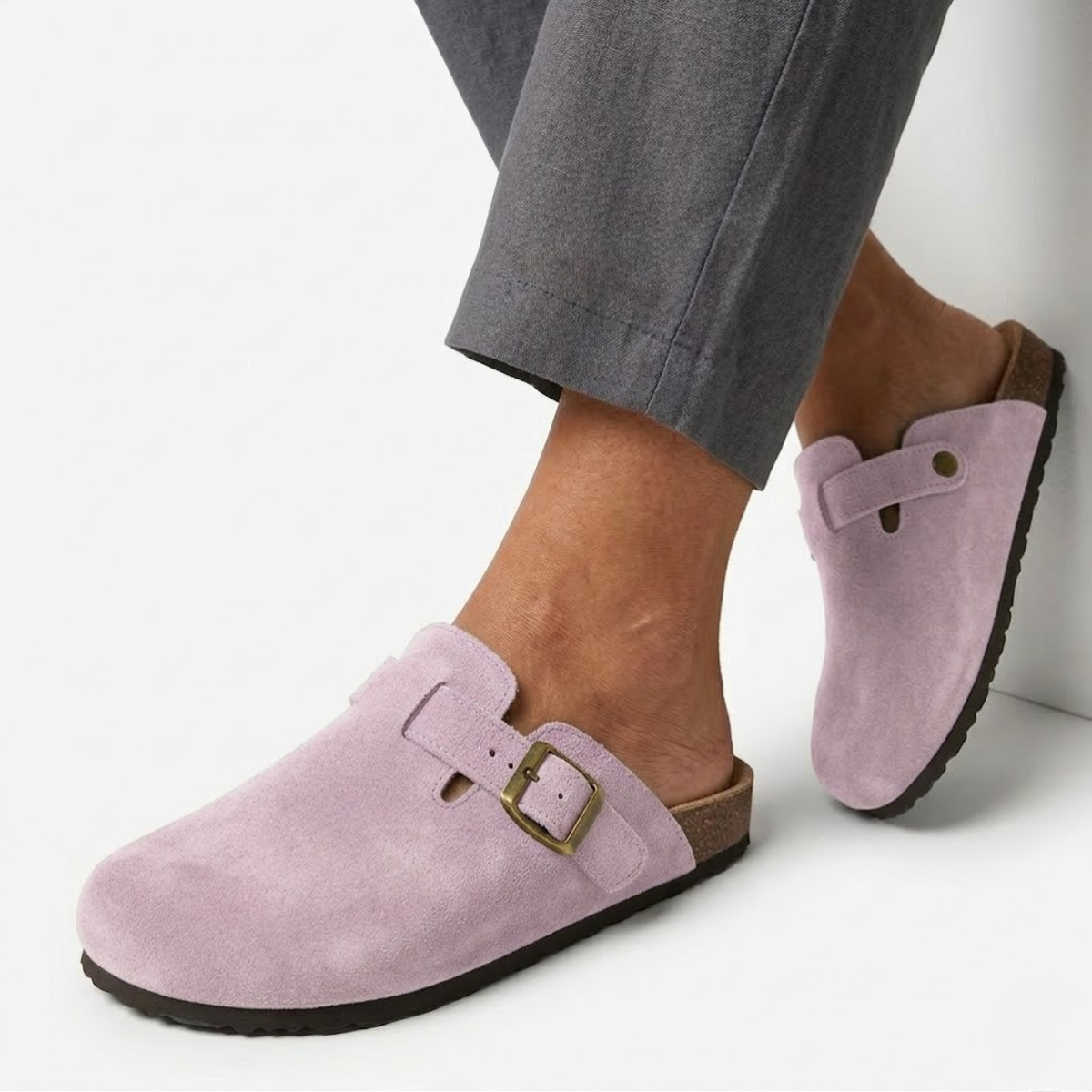 Clogs with Cork Sole and Adjustable Buckle for Women — Lilac