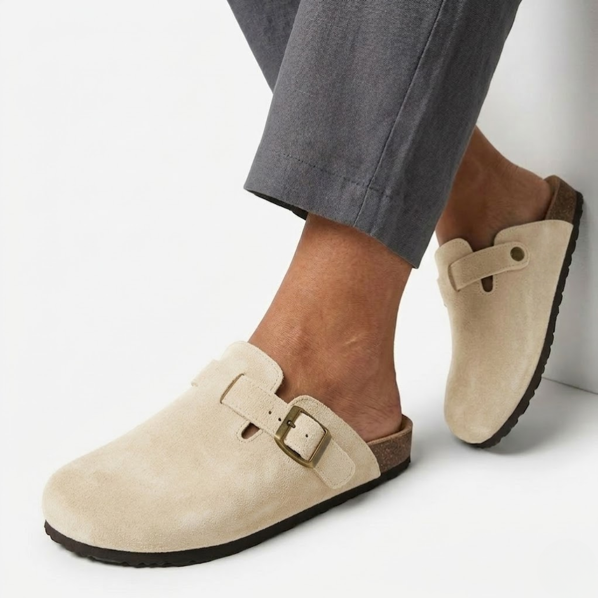 Clogs with Cork Sole and Adjustable Buckle for Women — Beige