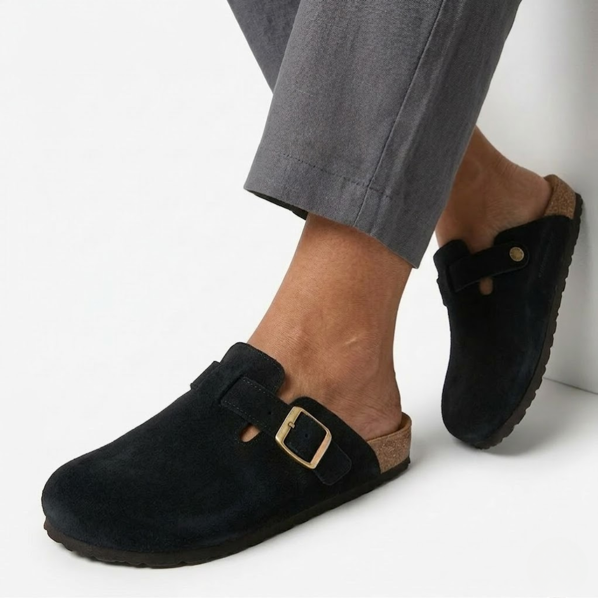 Clogs with Cork Sole and Adjustable Buckle for Women — Black
