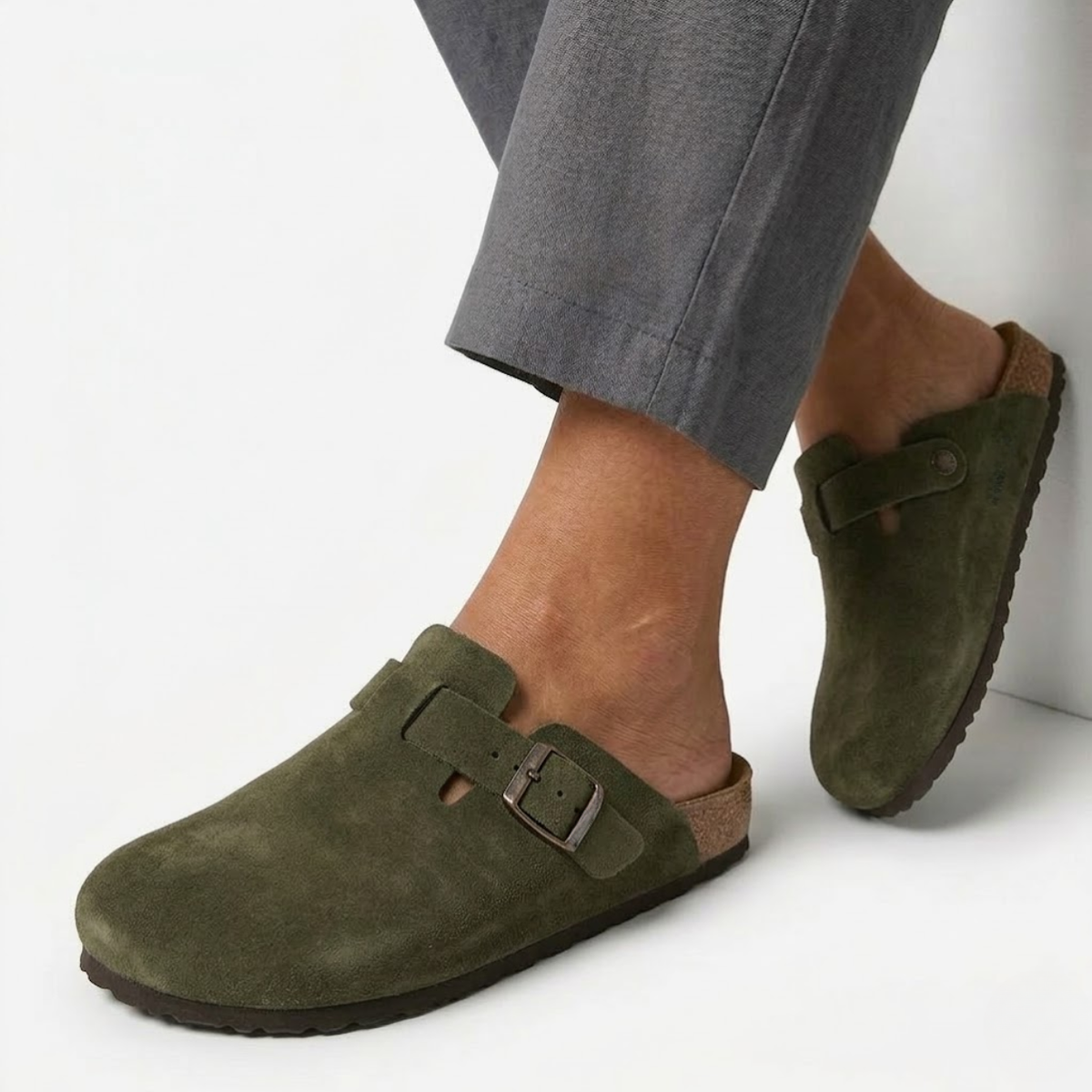 Clogs with Cork Sole and Adjustable Buckle for Women — Olive Green
