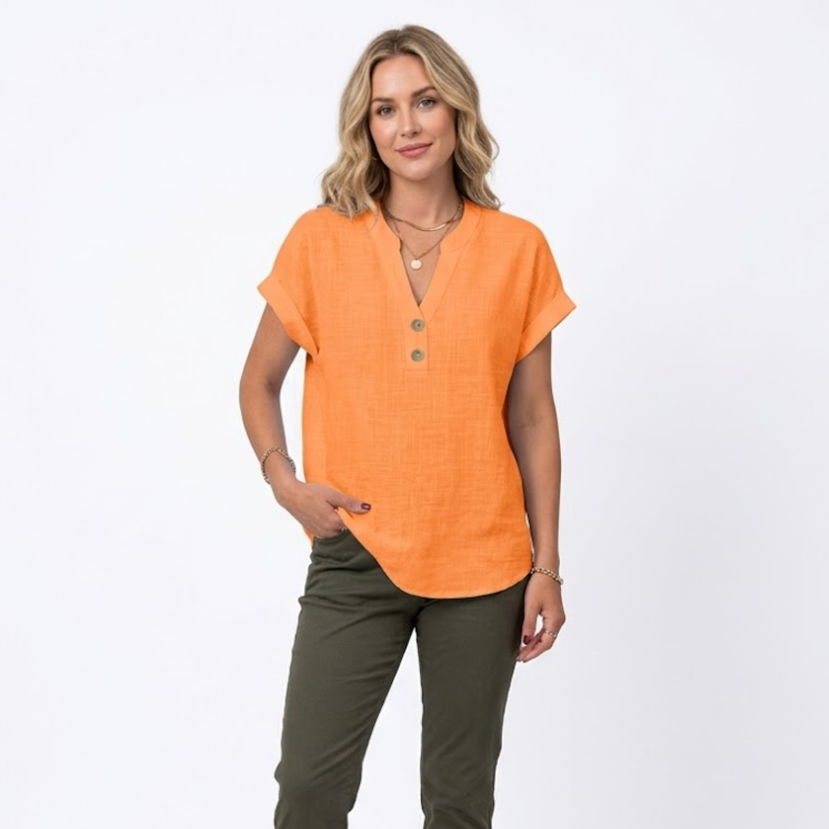 V-Neck Short Sleeve Blouse for Women — Orange